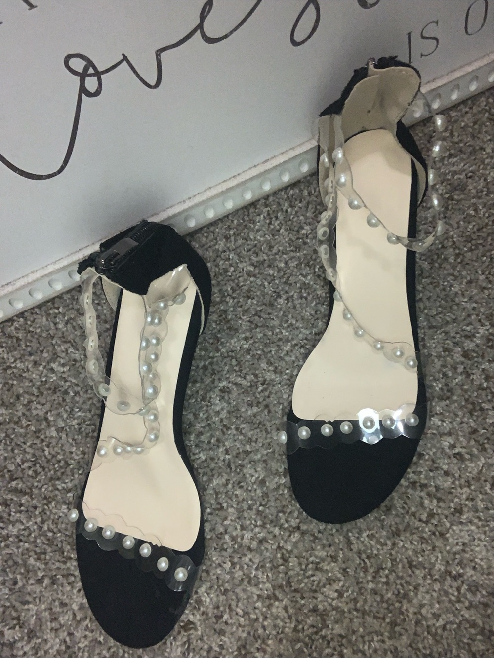 Black Pearl-Embellished Ankle Strap Heels